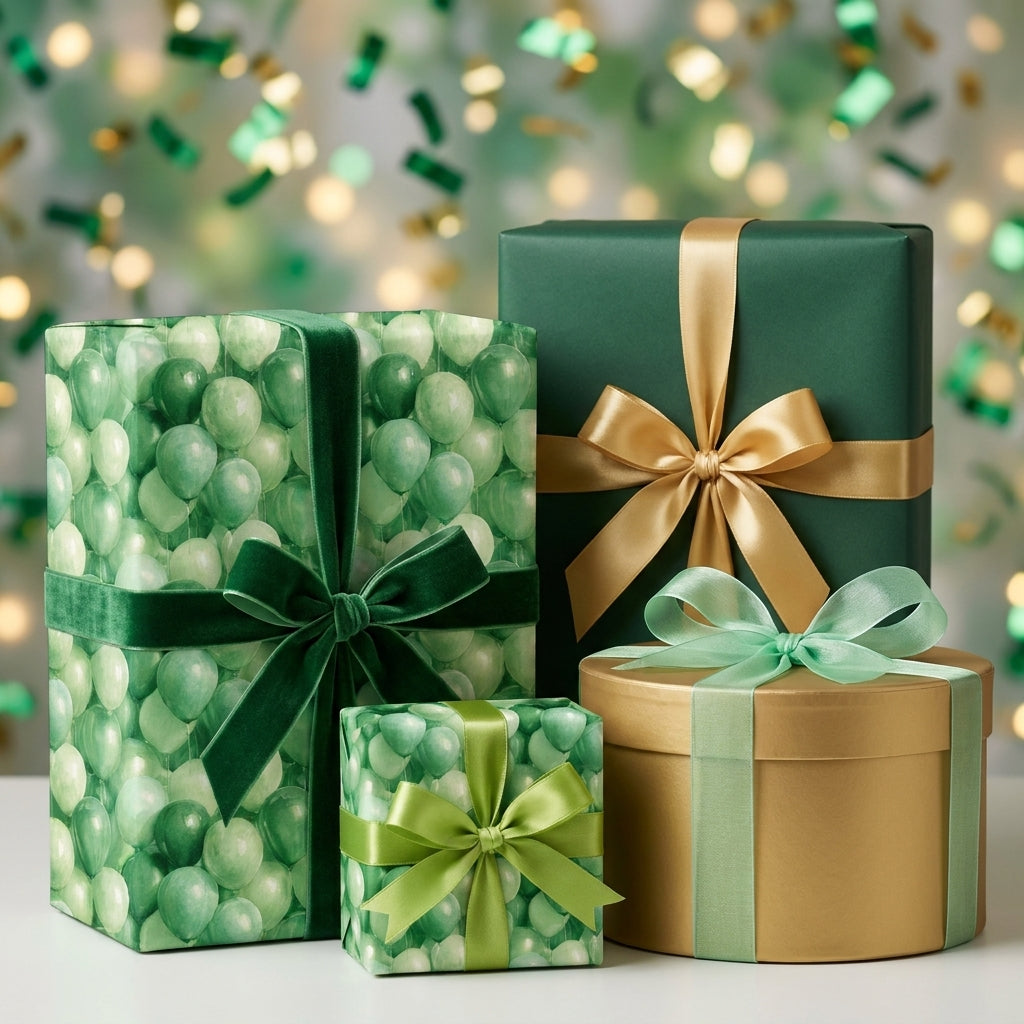 Green balloon wrapping paper and luxury gift wrap with velvet bows by Wrapped Studios.