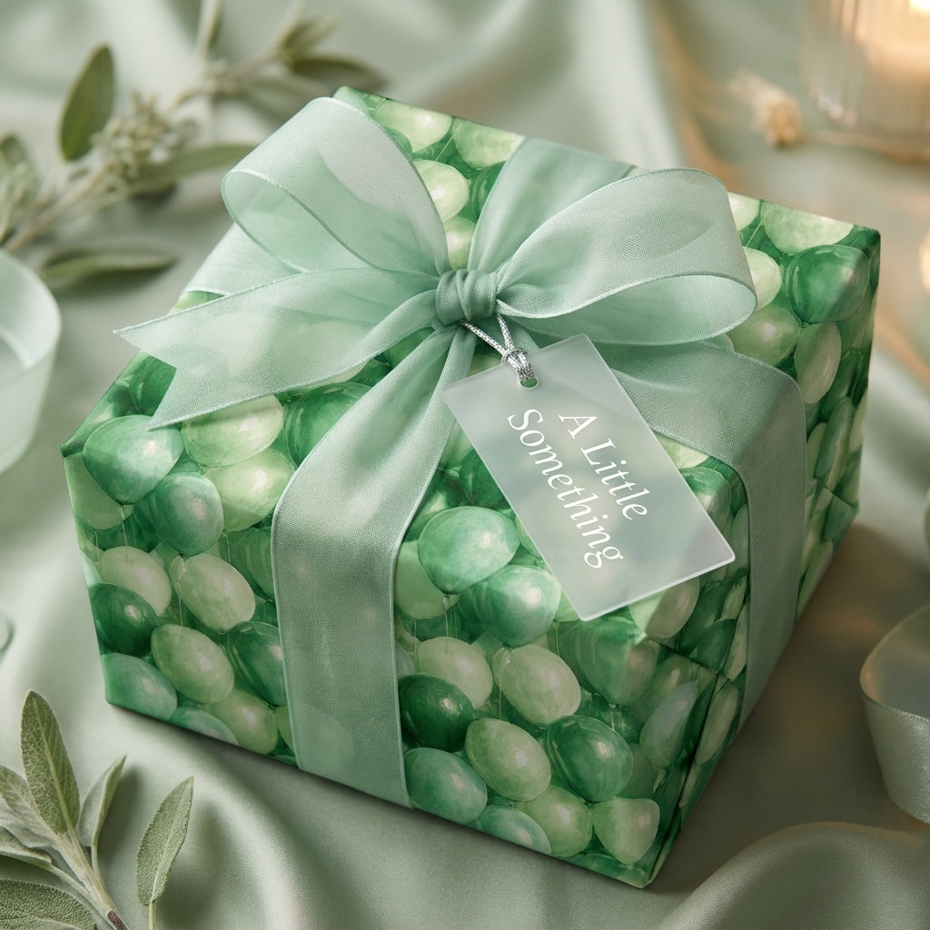Sage green balloon birthday wrapping paper with a luxury satin bow by Wrapped Studios.