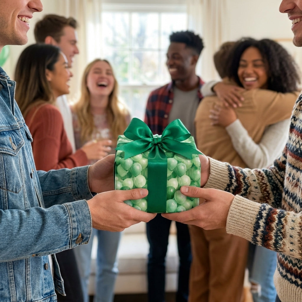 Friends exchanging a gift wrapped in green balloon birthday wrapping paper by Wrapped Studios.