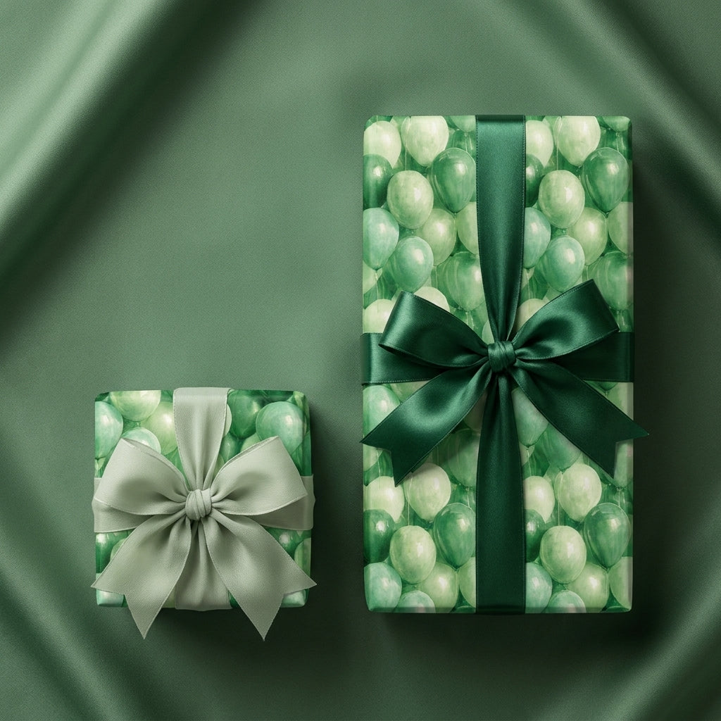 Green balloon birthday wrapping paper on luxury gifts with satin bows by Wrapped Studios.