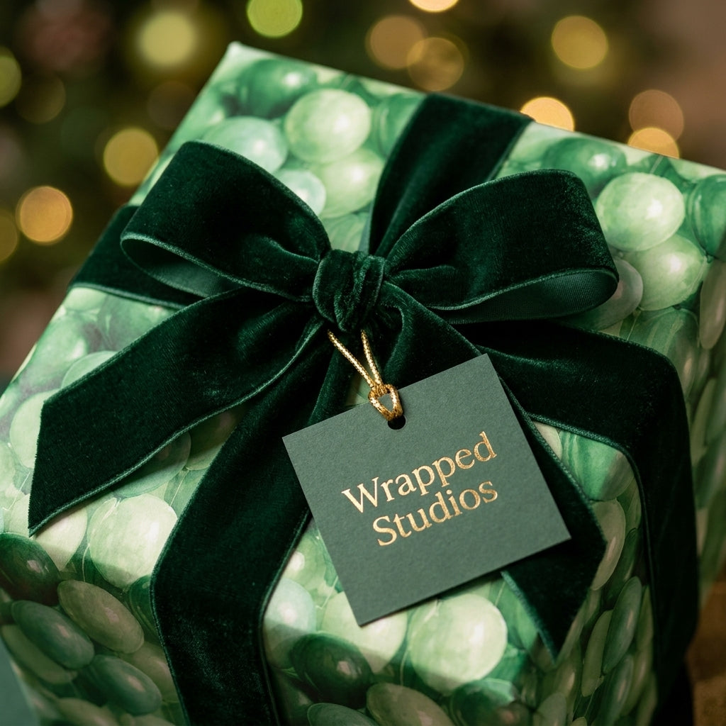 Luxury green Christmas wrapping paper with a velvet bow and gold foil tag by Wrapped Studios.