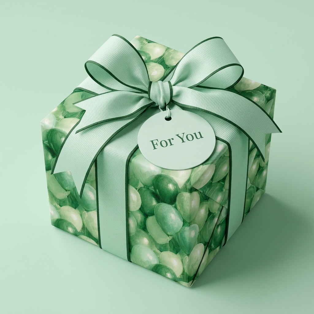 Green balloon birthday wrapping paper with a mint bow and 'For You' tag by Wrapped Studios.