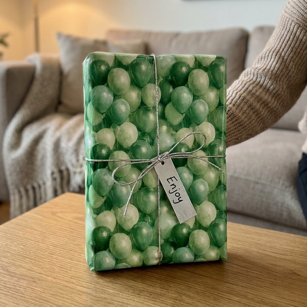 Playful green balloon birthday wrapping paper on a gift with a silver string, by Wrapped Studios.
