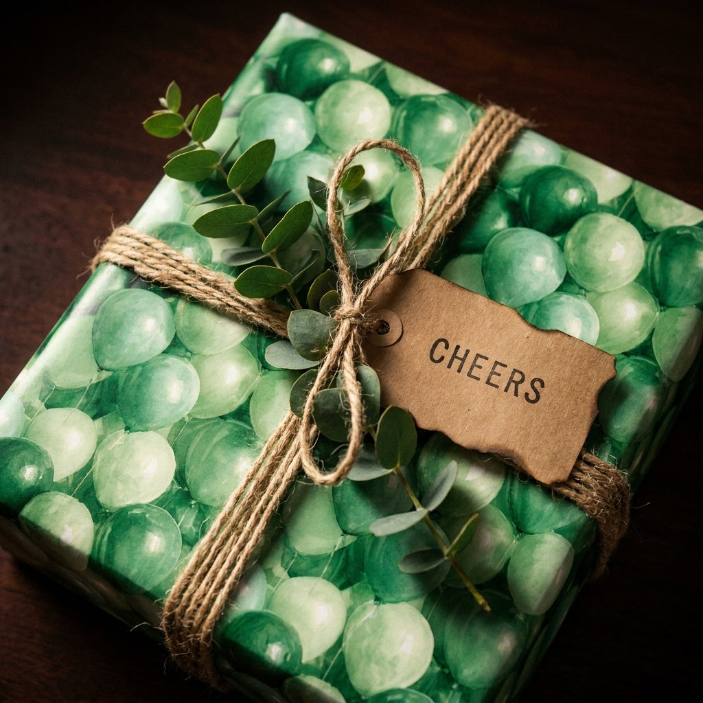 Green balloon birthday wrapping paper with rustic twine and a cheers tag by Wrapped Studios.