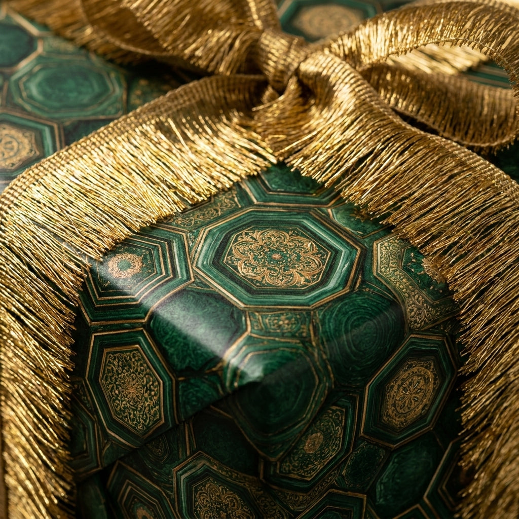 Emerald and gold luxury wrapping paper with a metallic fringe bow by Wrapped Studios.