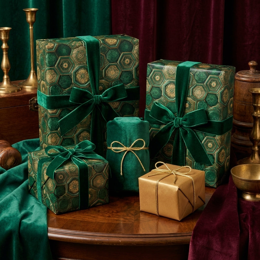 Luxury green and gold geometric Christmas wrapping paper with velvet bows by Wrapped Studios.