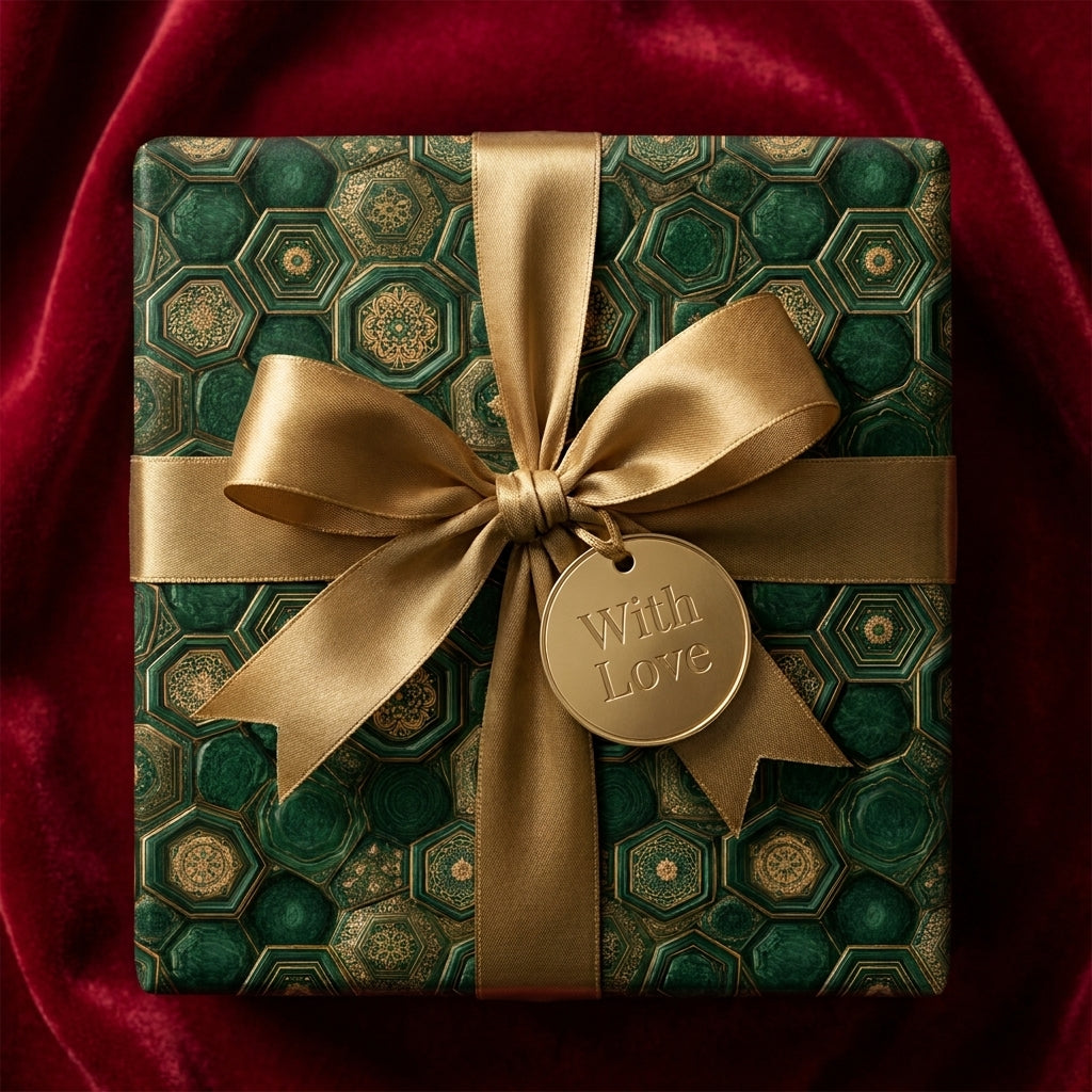 Luxury green and gold geometric wrapping paper with a gold ribbon on red velvet, by Wrapped Studios.