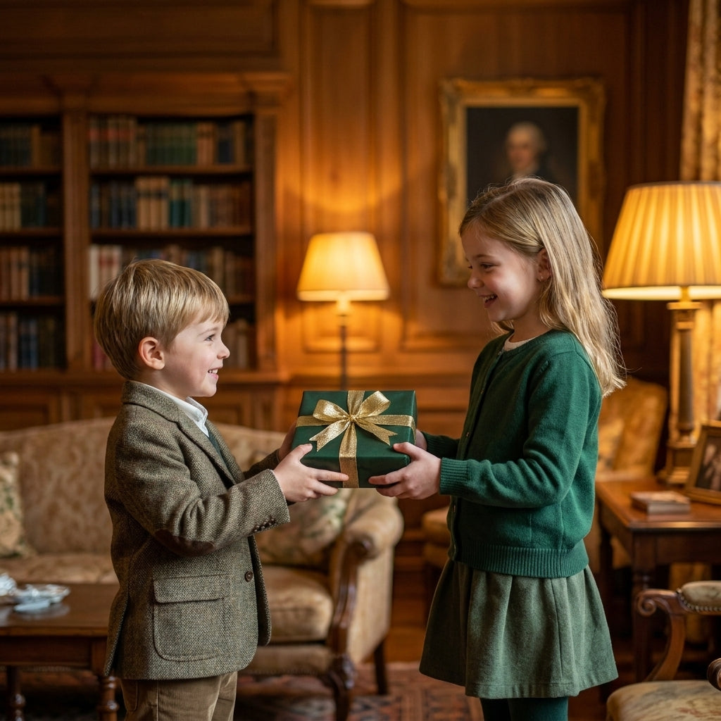 Children exchanging Christmas gift in luxury green wrapping paper with gold bow. Wrapped Studios.
