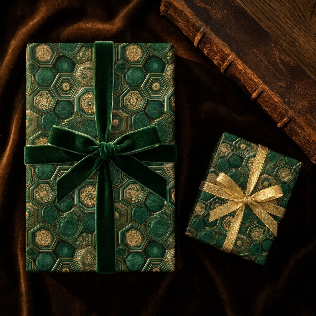 Luxury green and gold geometric wrapping paper with velvet ribbon by Wrapped Studios.