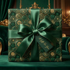 Luxury emerald green and gold geometric gift wrap with a satin bow by Wrapped Studios.