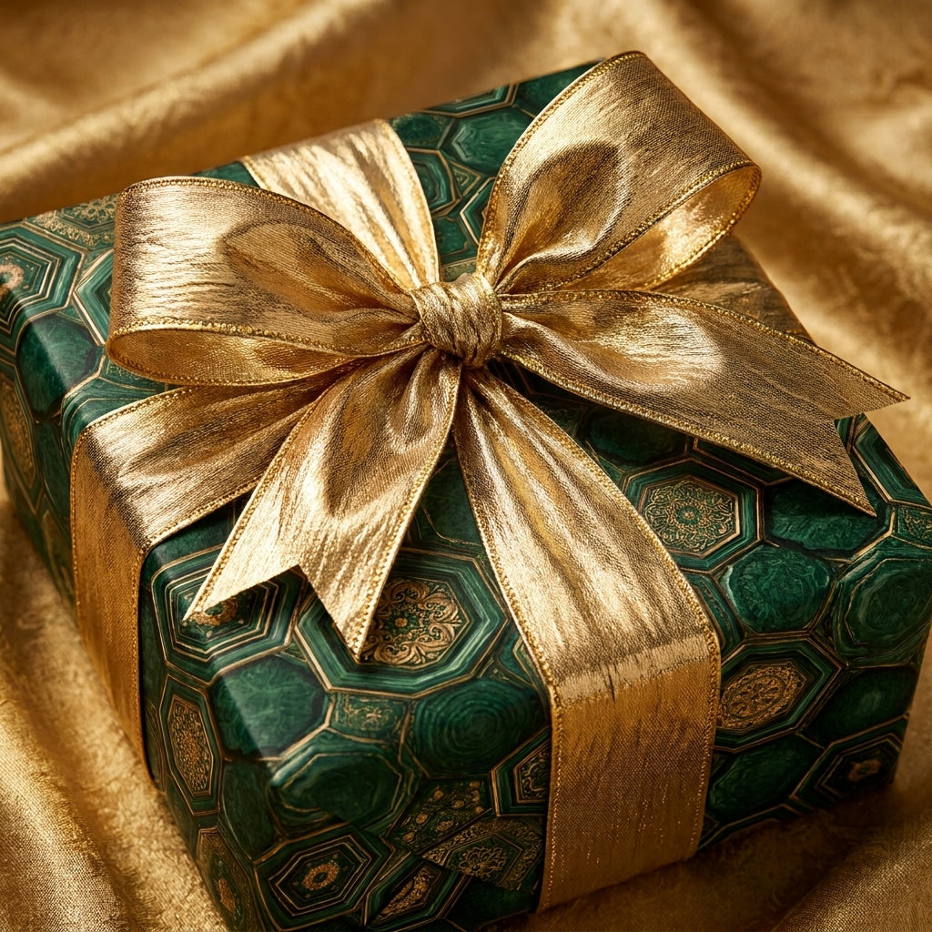 Luxury emerald green and gold gift wrap with a metallic gold bow by Wrapped Studios.