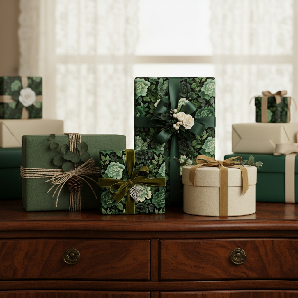 Elegant floral wrapping paper in shades of green with ribbons on various gift boxes.