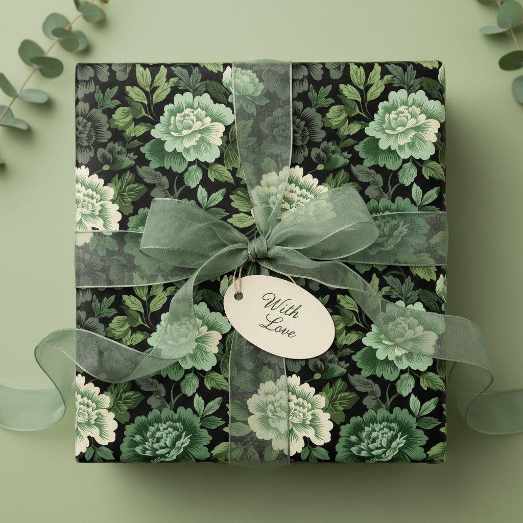 Elegant floral wrapping paper with a sheer green ribbon bow and "With Love" gift tag.