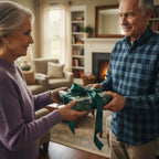 Couple exchanging a gift wrapped in dark floral wrapping paper with a green ribbon.