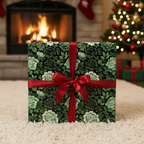 Square gift wrapped in dark floral Christmas wrapping paper with red ribbon.