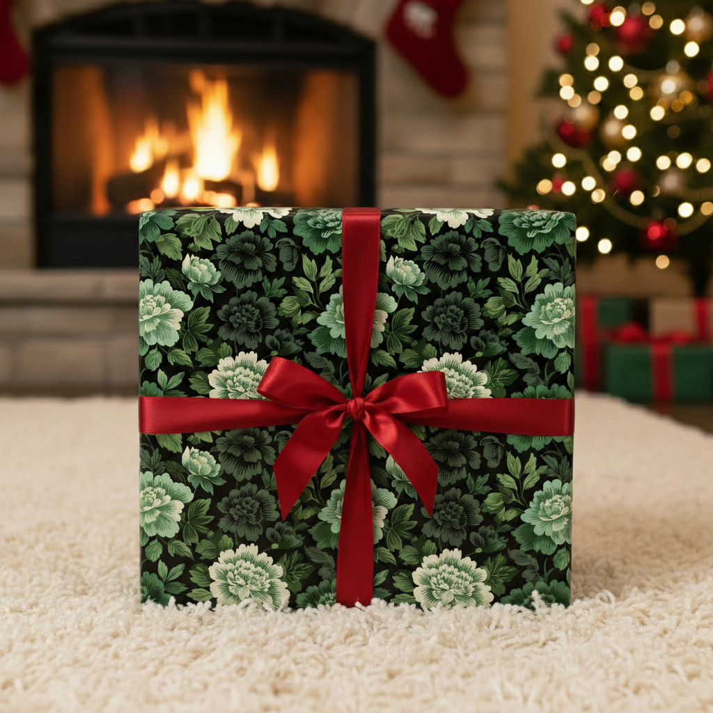 Square gift wrapped in dark floral Christmas wrapping paper with red ribbon.