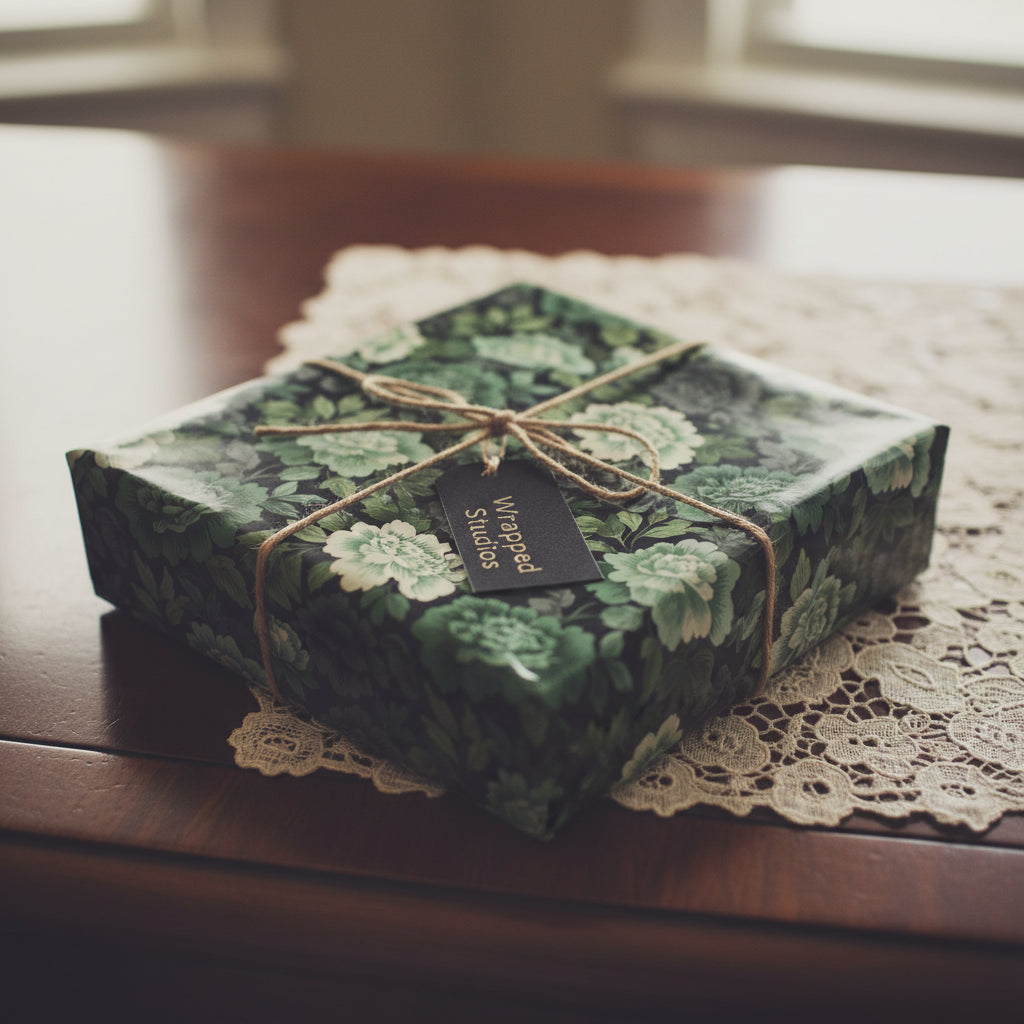 Square gift wrapped in elegant floral wrapping paper with a rustic twine bow on a lace doily.