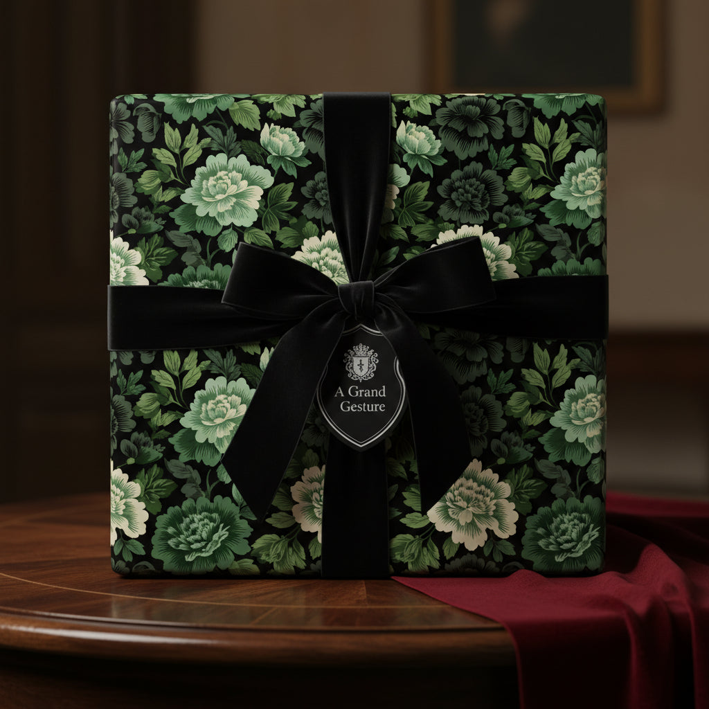 Elegant gift wrapped in dark floral wrapping paper with a velvet bow and "A Grand Gesture" tag.