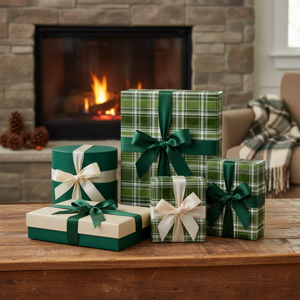 Elegant Christmas gifts wrapped in green plaid gift wrap with satin ribbon near a fireplace.