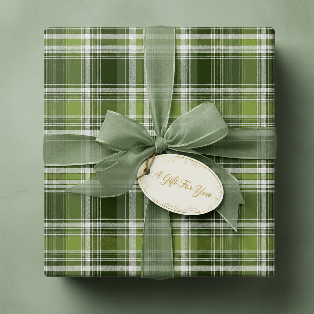 Green plaid gift box tied with a sheer ribbon bow and tag that says "A Gift For You."