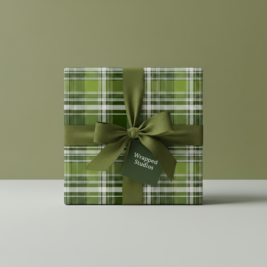 Olive green plaid wrapping paper on a square gift, tied with a matching ribbon.