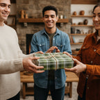 Friends exchanging a gift wrapped in green plaid wrapping paper with a rustic twine bow.