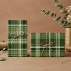 Two gifts wrapped in green plaid wrapping paper with twine bows, perfect for Christmas or birthdays.