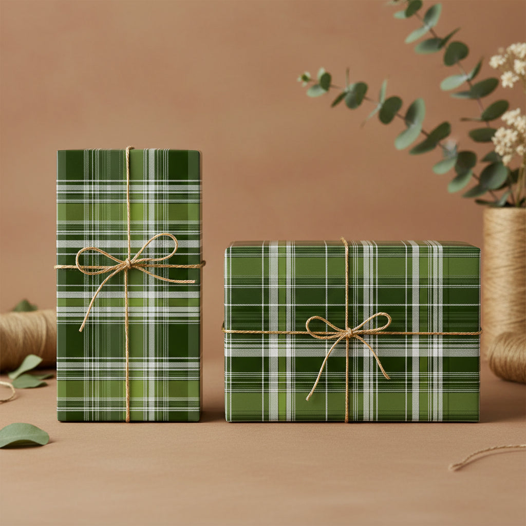 Two gifts wrapped in green plaid wrapping paper with twine bows, perfect for Christmas or birthdays.