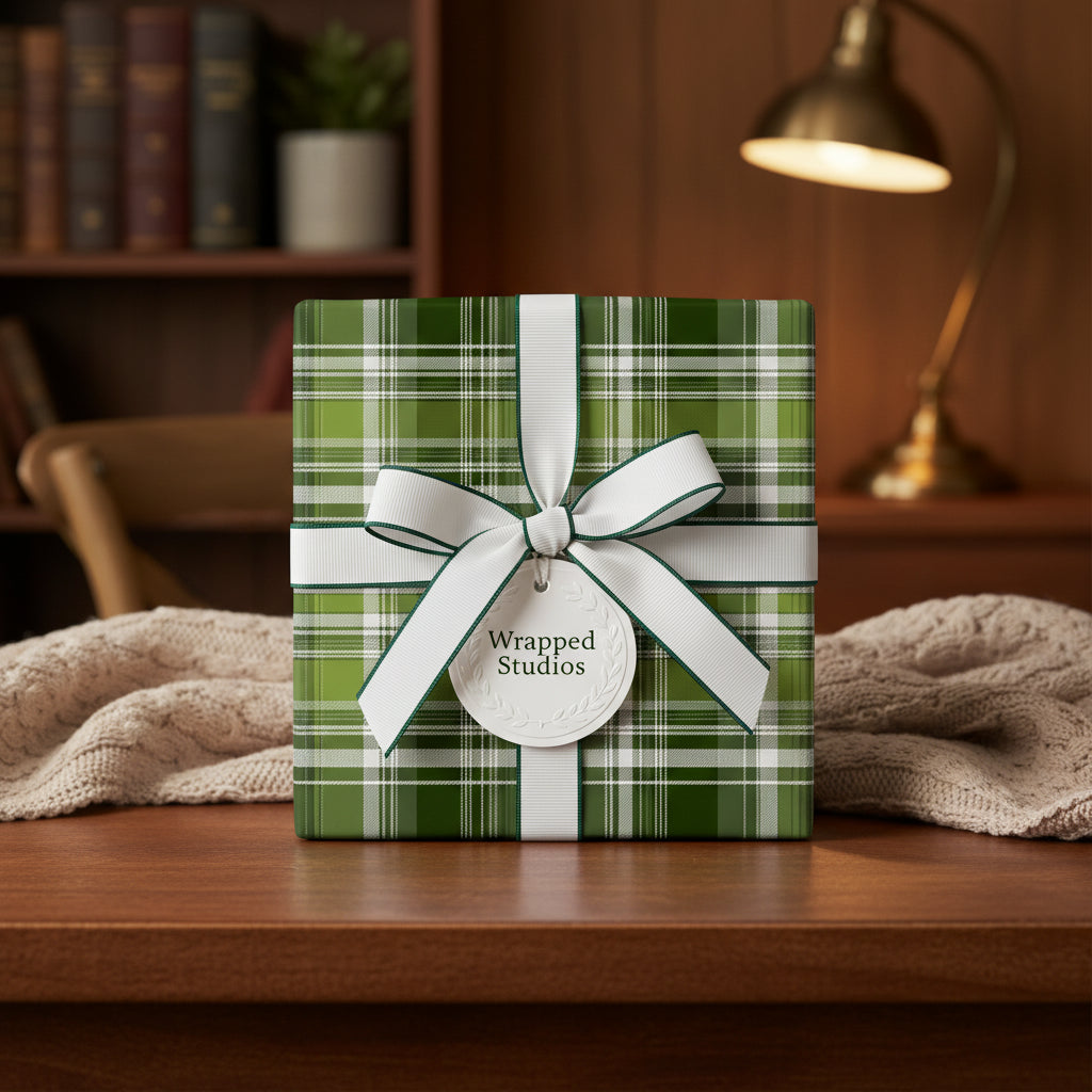 Elegant green plaid wrapping paper on a gift with white ribbon bow.