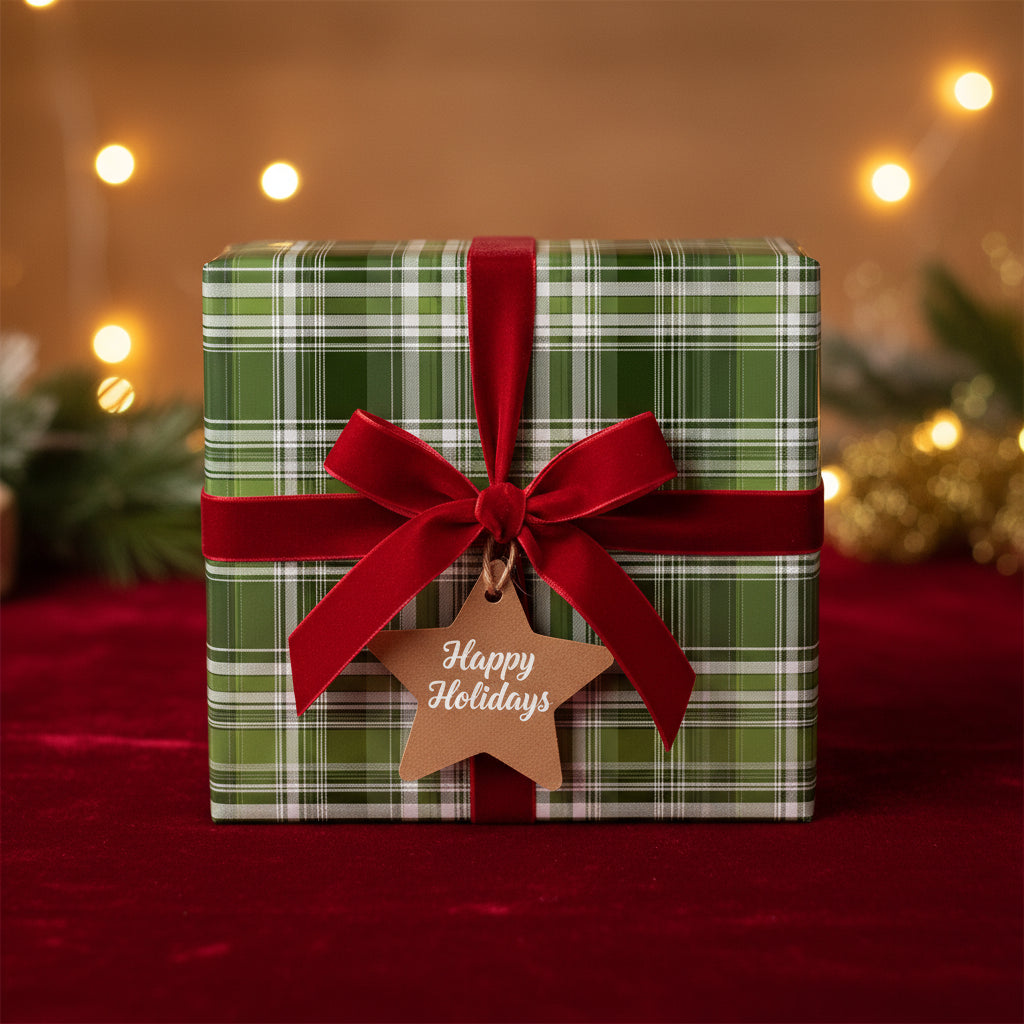 Green plaid Christmas gift wrap with red velvet ribbon and "Happy Holidays" star tag.