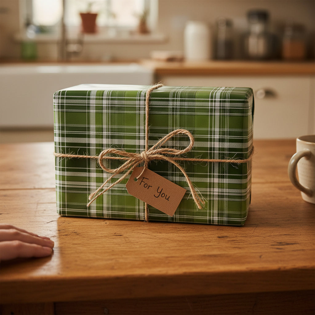 Gift wrapped in green plaid paper with jute twine and "For You" tag, perfect for Christmas gift wrap or birthday present.