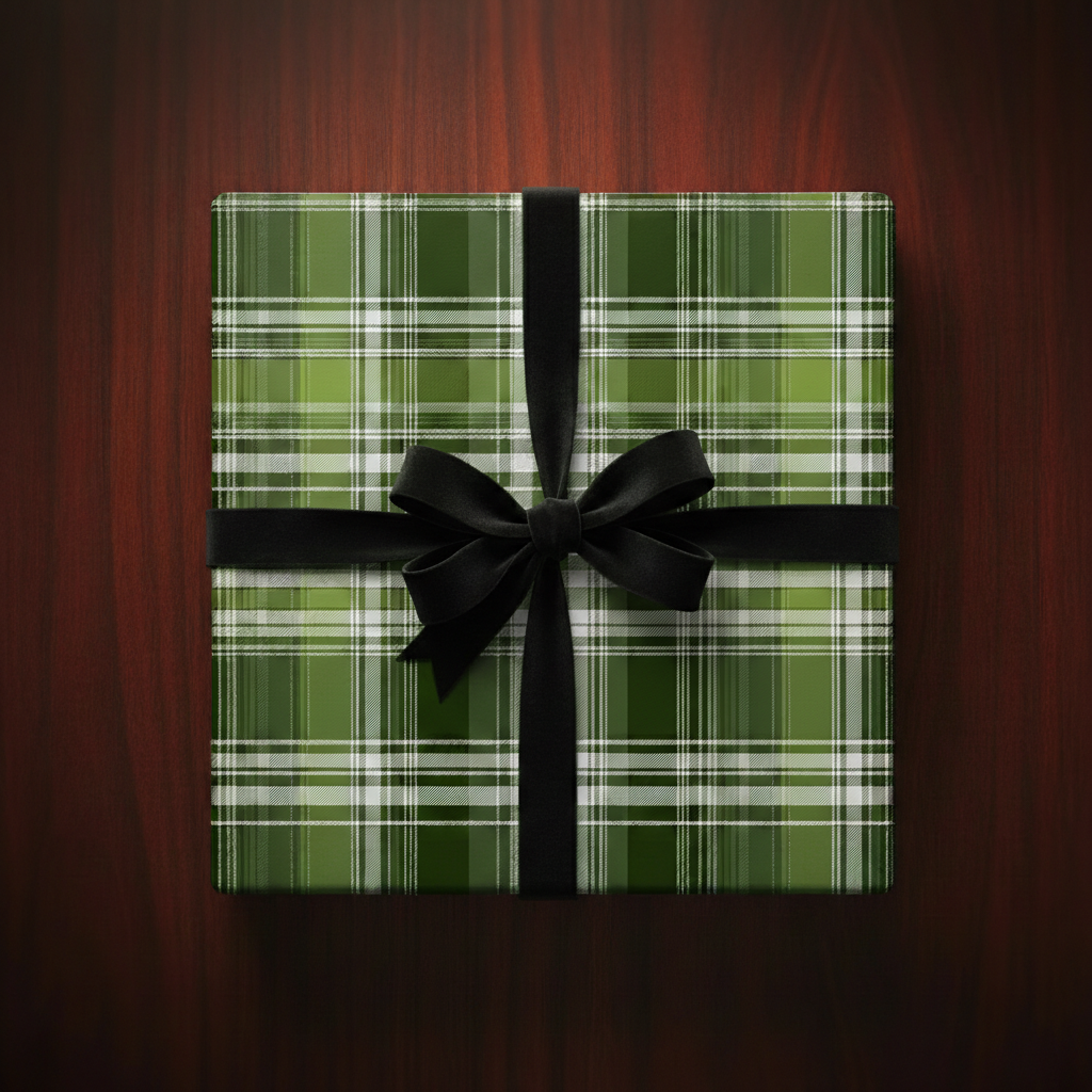 Green plaid wrapping paper with a black velvet bow on a square gift box.
