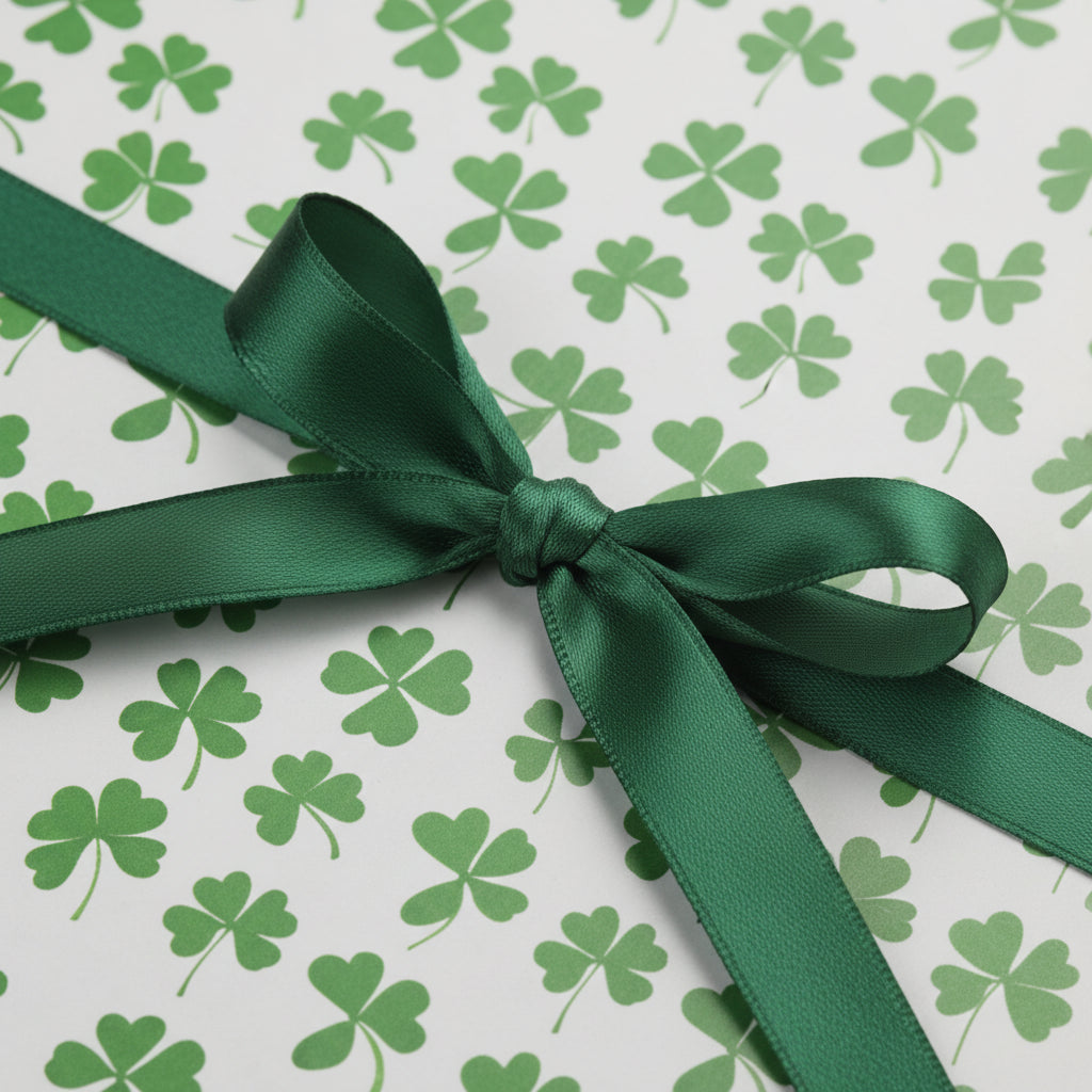 St. Patrick's Day gift wrapped in clover print wrapping paper with a green satin ribbon.