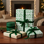 St. Patrick's Day gift wrap: Presents with shamrock wrapping paper and dark green velvet ribbon.