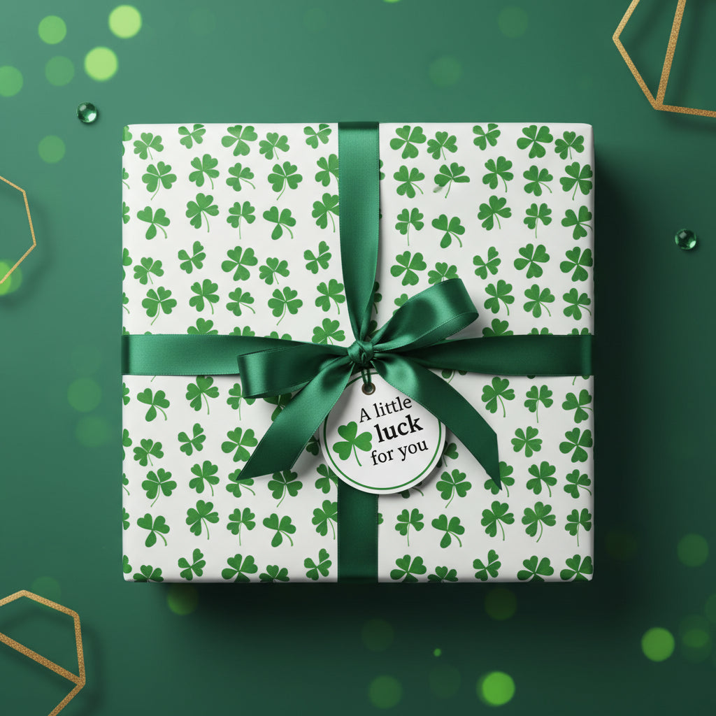 St. Patrick's Day gift with clover wrapping paper, emerald ribbon, and tag reading "A little luck for you."