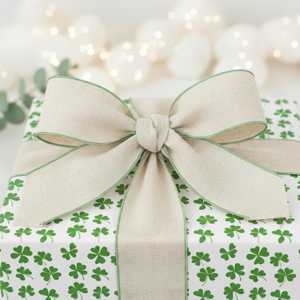 St. Patrick's Day gift with clover wrapping paper and linen bow.