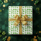 St. Patrick's Day gift wrap, featuring a clover pattern, gold ribbon and bow, with gold coins on a green background.