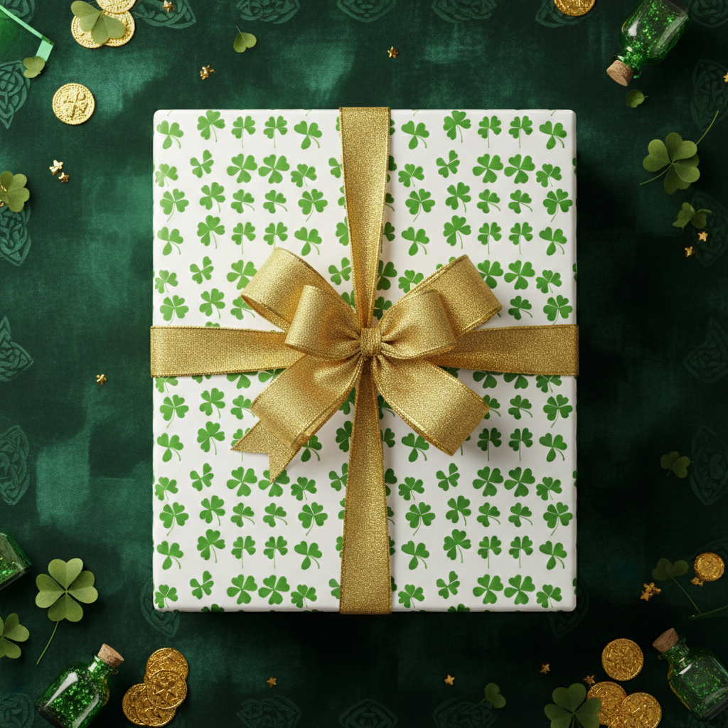 St. Patrick's Day gift wrap, featuring a clover pattern, gold ribbon and bow, with gold coins on a green background.