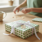 Gift wrapped in clover print wrapping paper with white ribbon, perfect for St. Patrick's Day.