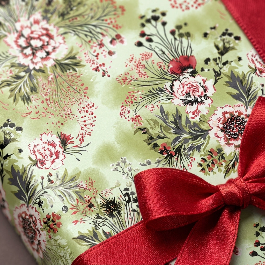 Sage green floral wrapping paper with a red satin bow. Vintage Christmas gift wrap by Wrapped Studios.