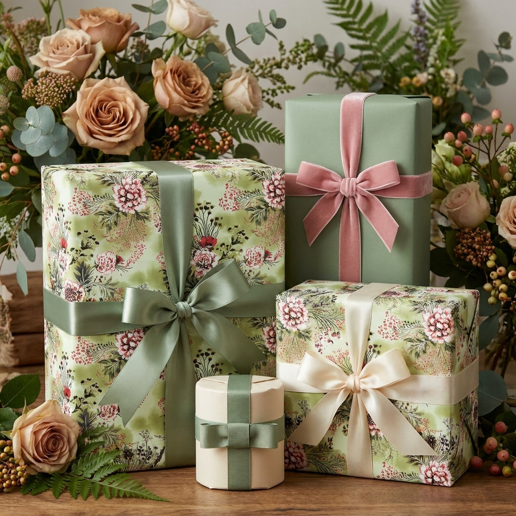 Sage green floral wrapping paper and luxury gift boxes with velvet ribbons by Wrapped Studios.