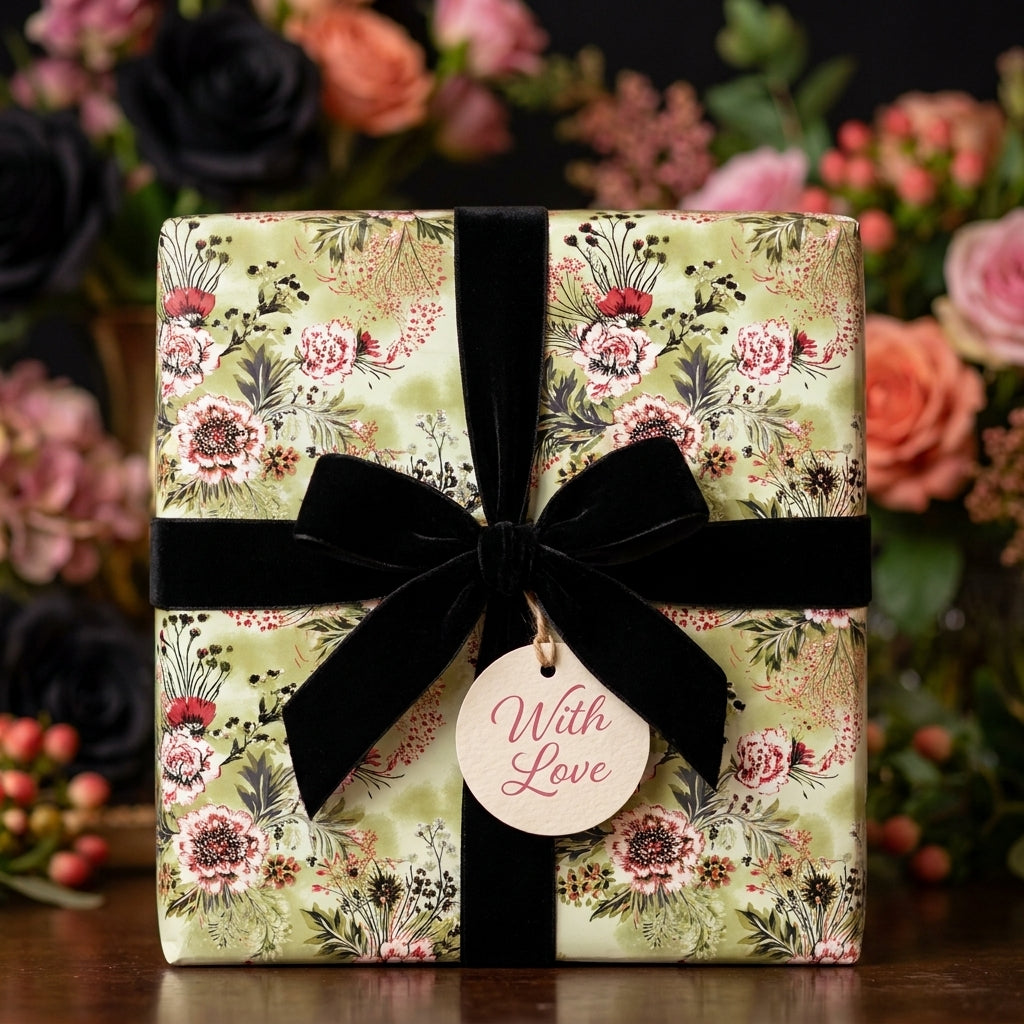 Vintage floral wrapping paper in sage green with a black velvet bow and 'With Love' tag by Wrapped Studios.