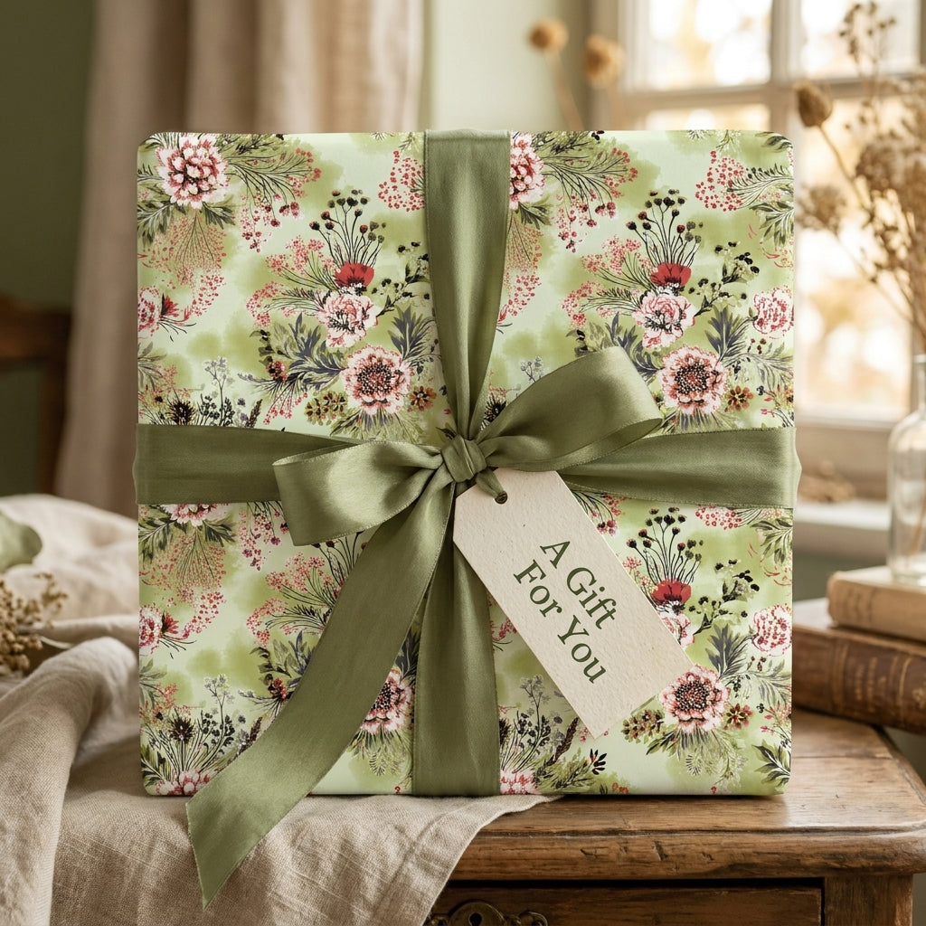 Sage green botanical floral wrapping paper by Wrapped Studios on a gift box with a satin bow.