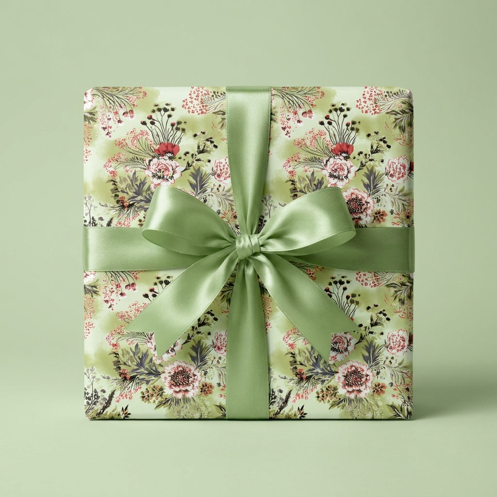 Sage green vintage floral wrapping paper with a satin ribbon bow on a gift box by Wrapped Studios.