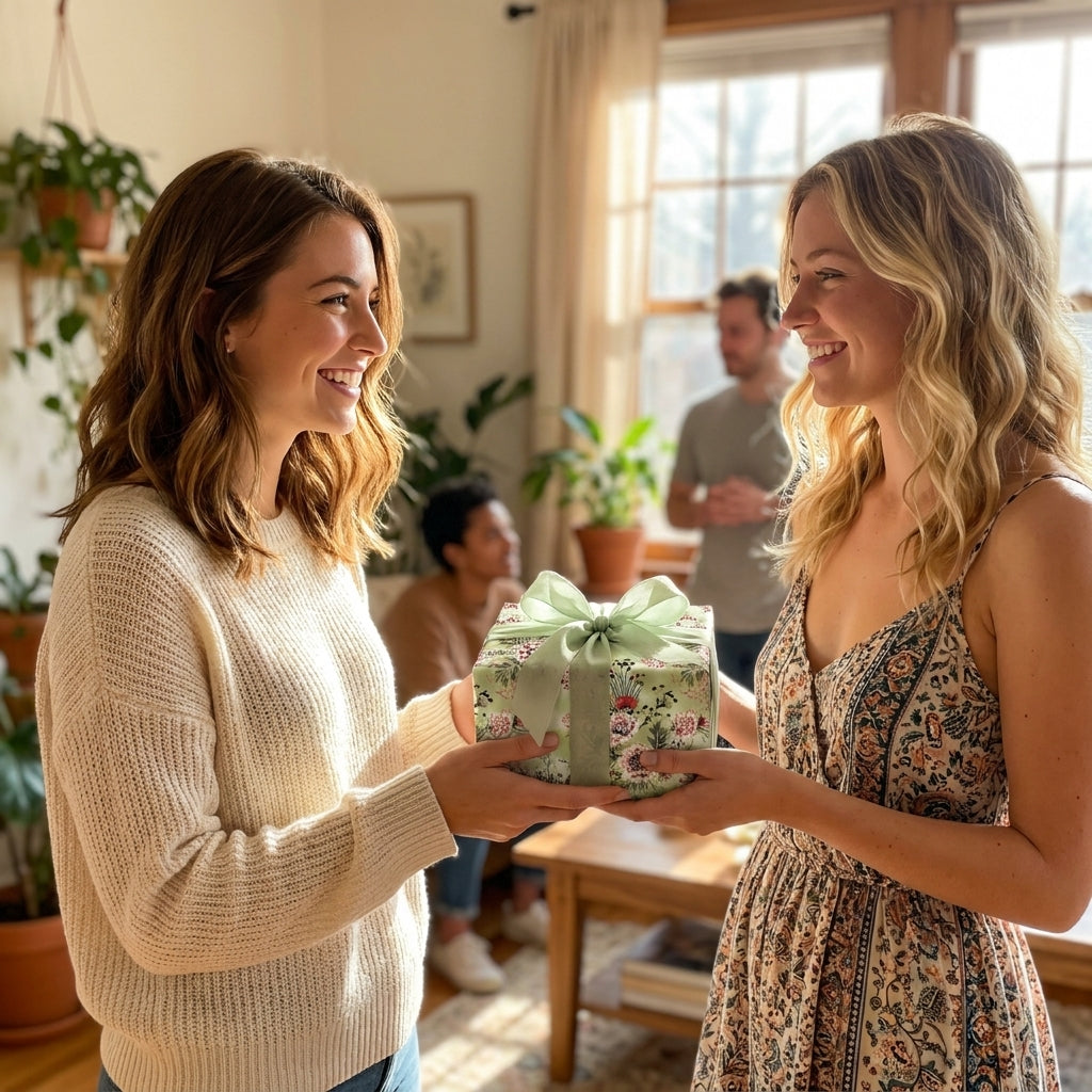 Two women exchanging a birthday gift in sage green floral wrapping paper by Wrapped Studios.