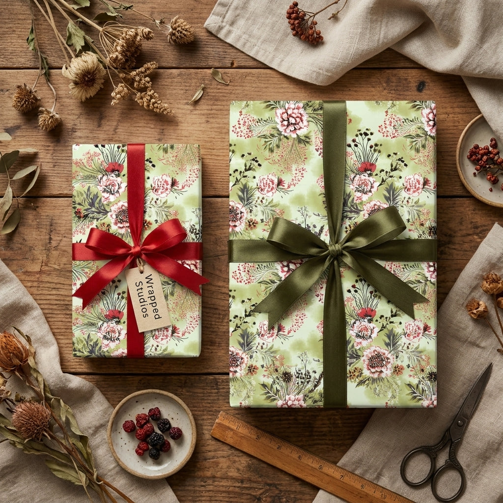 Sage green botanical floral wrapping paper with elegant satin ribbons by Wrapped Studios.