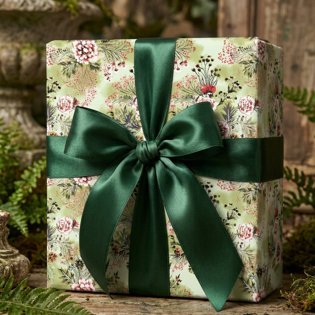 Luxury vintage floral wrapping paper with dark green satin ribbon on gift box by Wrapped Studios.
