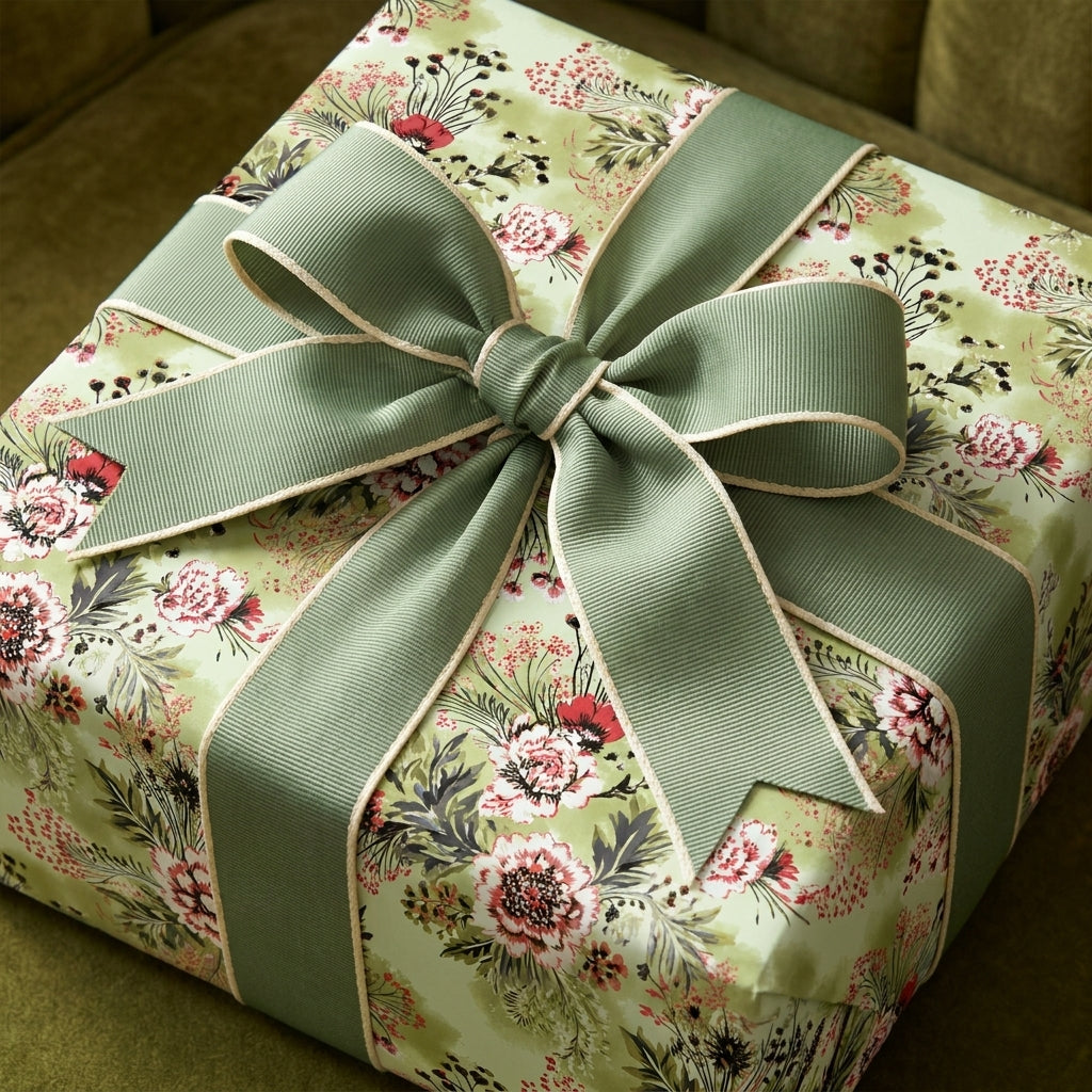 Elegant sage green floral wrapping paper and luxury ribbon on a gift box by Wrapped Studios.
