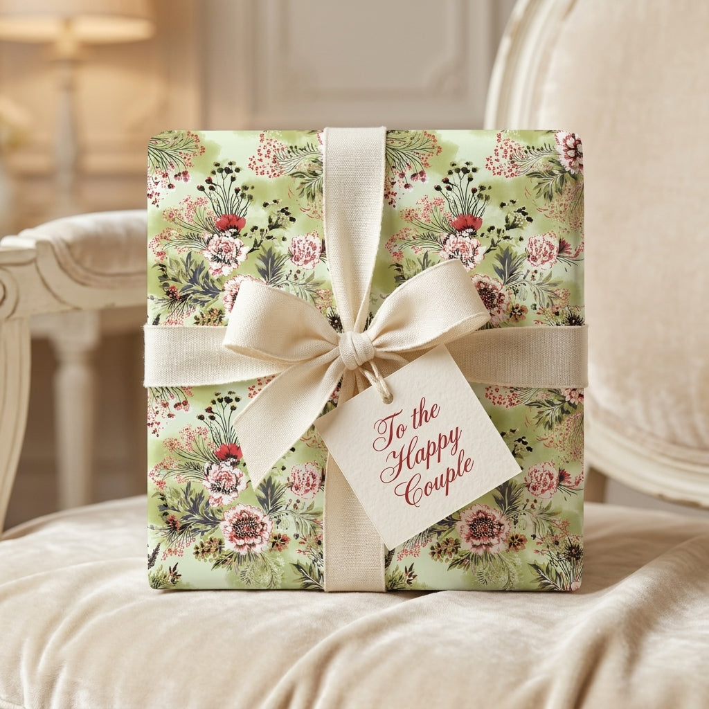 Sage green floral wedding wrapping paper with cream bow and 'Happy Couple' tag by Wrapped Studios.