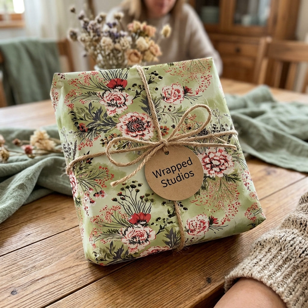 Sage green floral wrapping paper with a rustic twine bow and gift tag by Wrapped Studios.